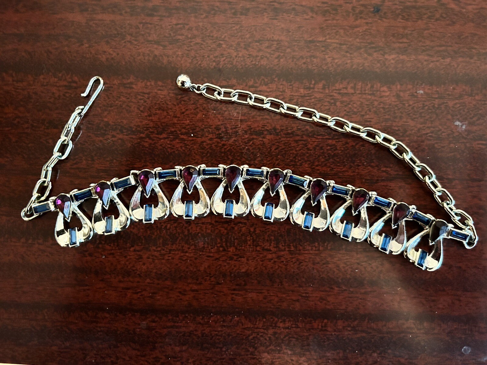 Vintage Costume Necklace Silver-tone with Blue and Purple Adjustable Hook