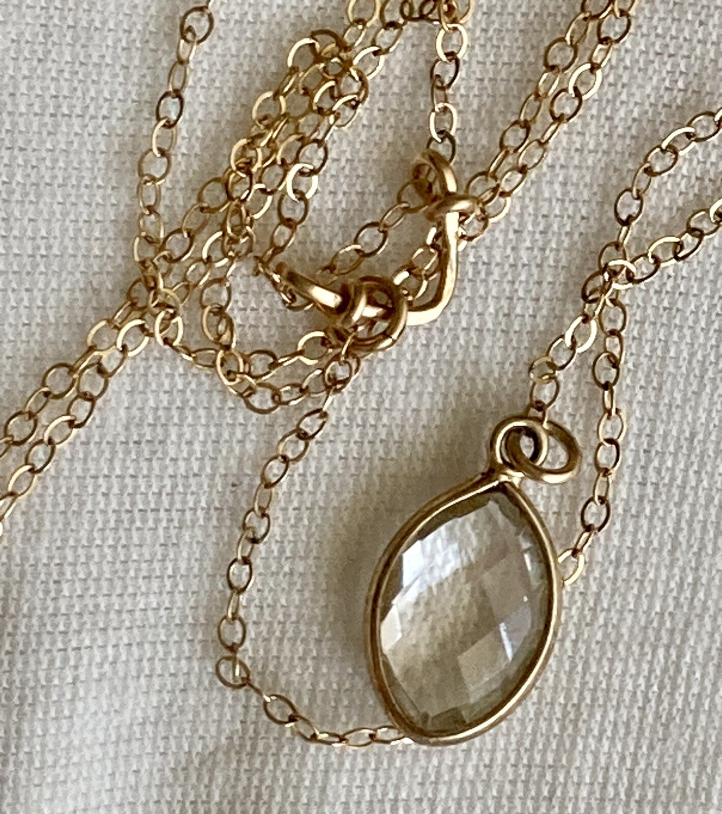 14k Yellow Gold Filled Quartz Pendant Chain Necklace Y Drop 15in plus 4in Drop