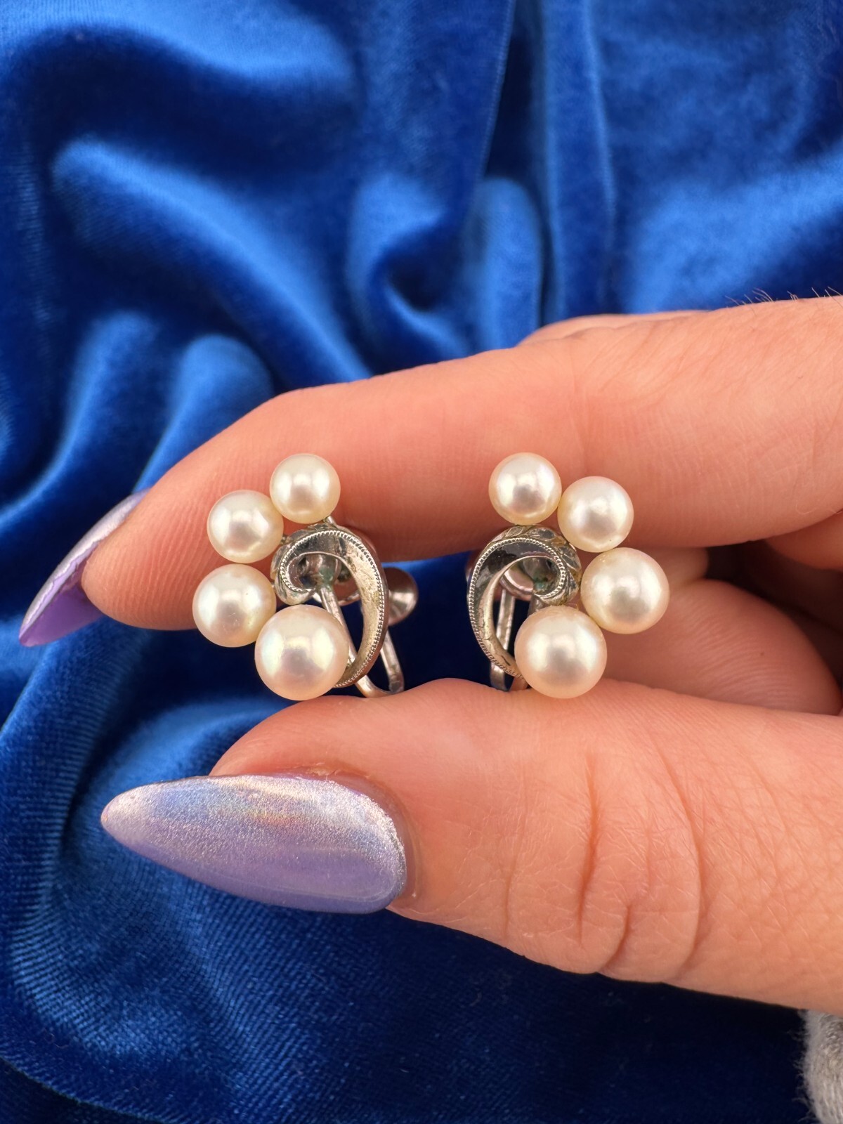 Vintage Mikimoto Sterling Silver Pearl Screw Back Earrings with Original Box