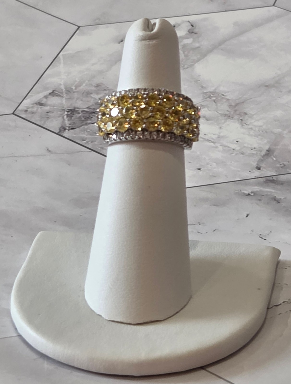 VINTAGE 925 Silver signed SD 3 Row Yellow Citrine w/ CZ Accent Ring sz 5