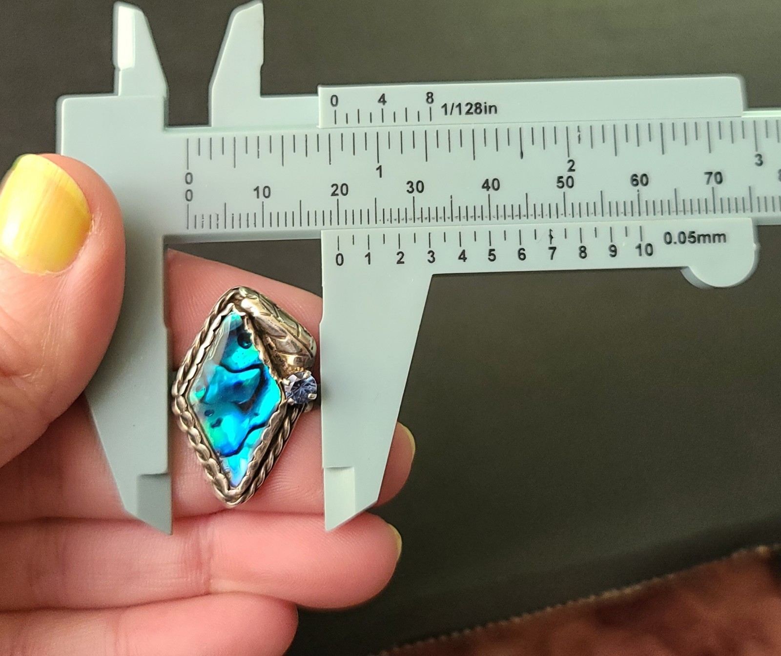 Vintage Paua Shell & Sterling Silver Ring Size 7 Leaf & Blue Rhinestone Accents