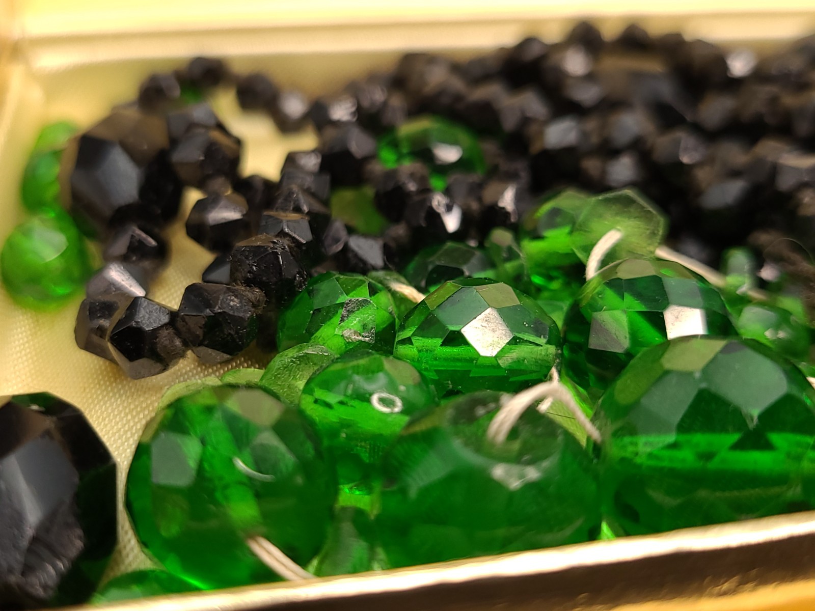 Antique Czech Glass Beads Lot Green Black Hand Cut Faceted w/ Box