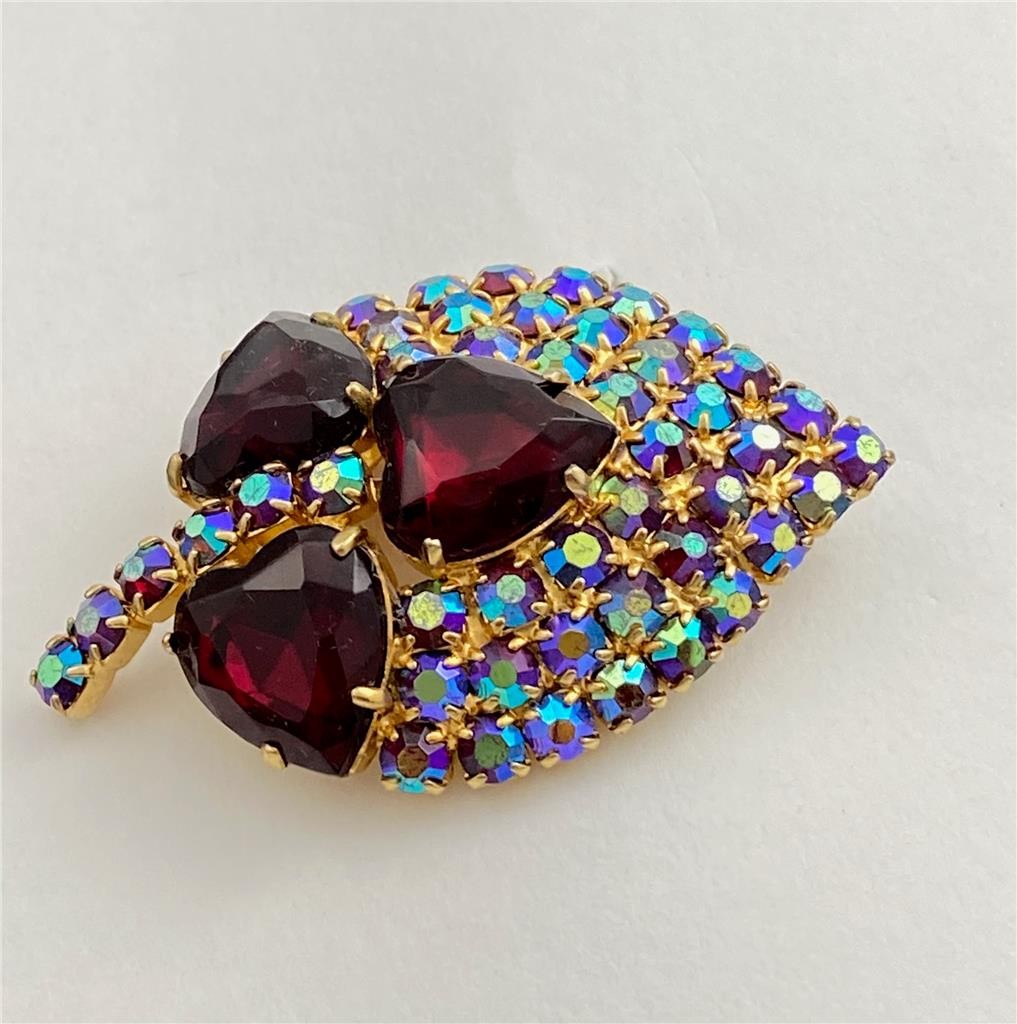 Vintage Red Heart Faceted Glass Leaves & AB Red Rhinestones Fruit Brooch Pin