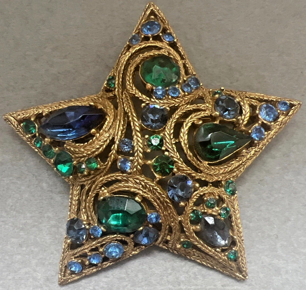 LaRoco La Roco Domed Paisley Rhinestone Star Brooch Pin Greens & Blues