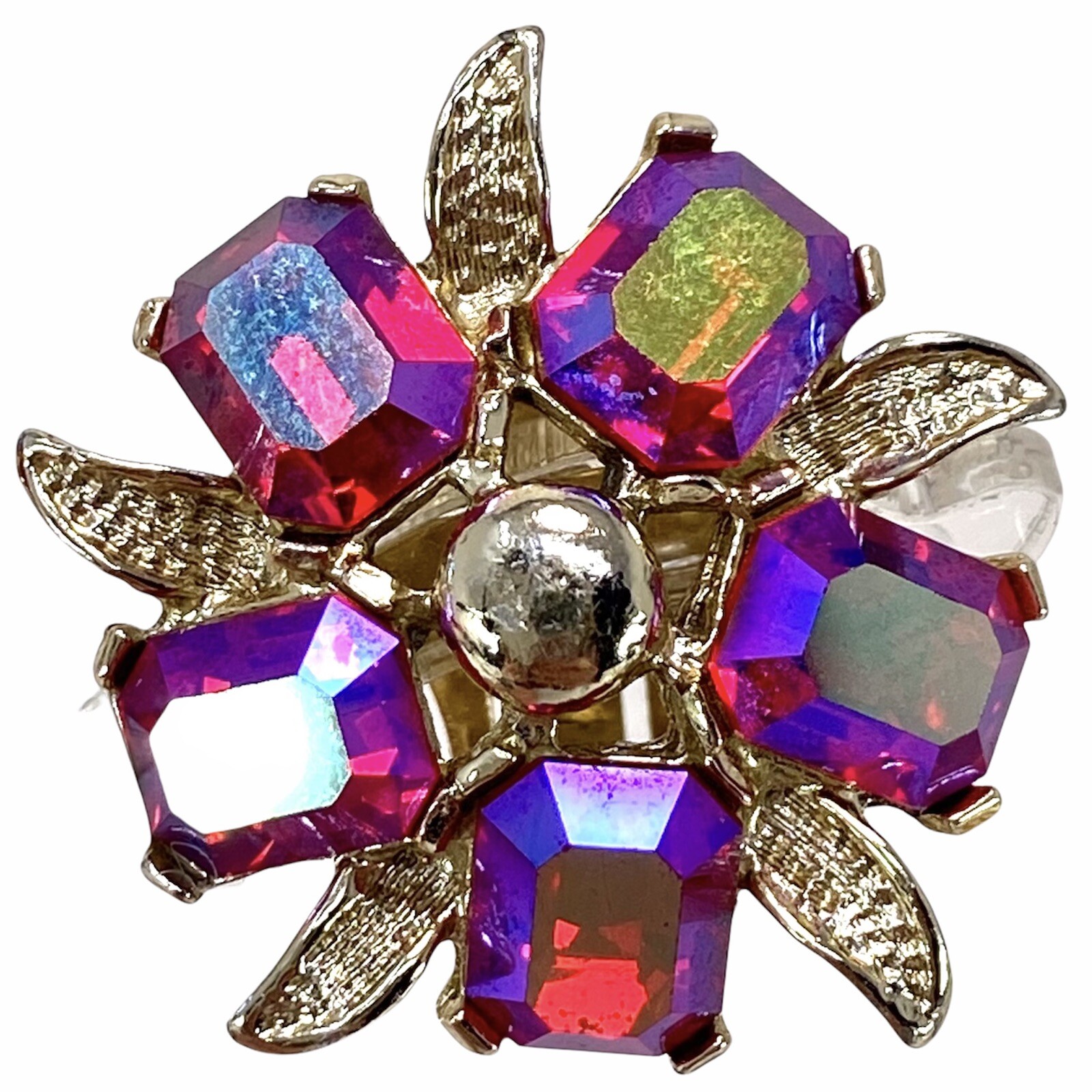 Vtg KRAMER Red Pink Fuchsia AB Crystal Clip Earrings Floral Starburst Shape