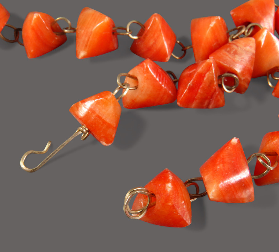 Vintage CARVED ORANGE CORAL NECKLACE Gold Filled BEADED TASSEL PENDANT Spirals