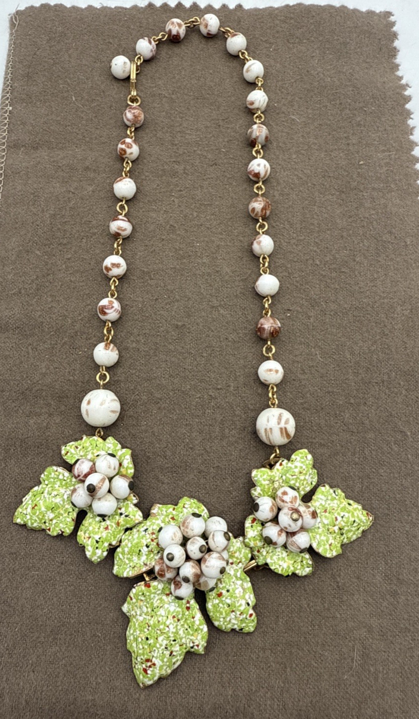 Vintage Metal Leaf Beaded Statement Necklace White Green