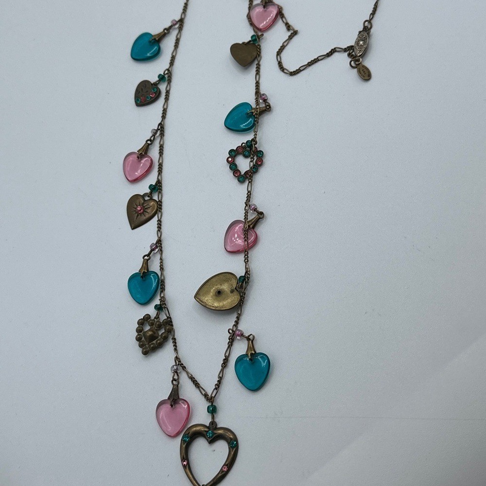 Vtg Glass Works Studio Necklace Enamel Heart Charm Long pink Blue 31″ Long #546