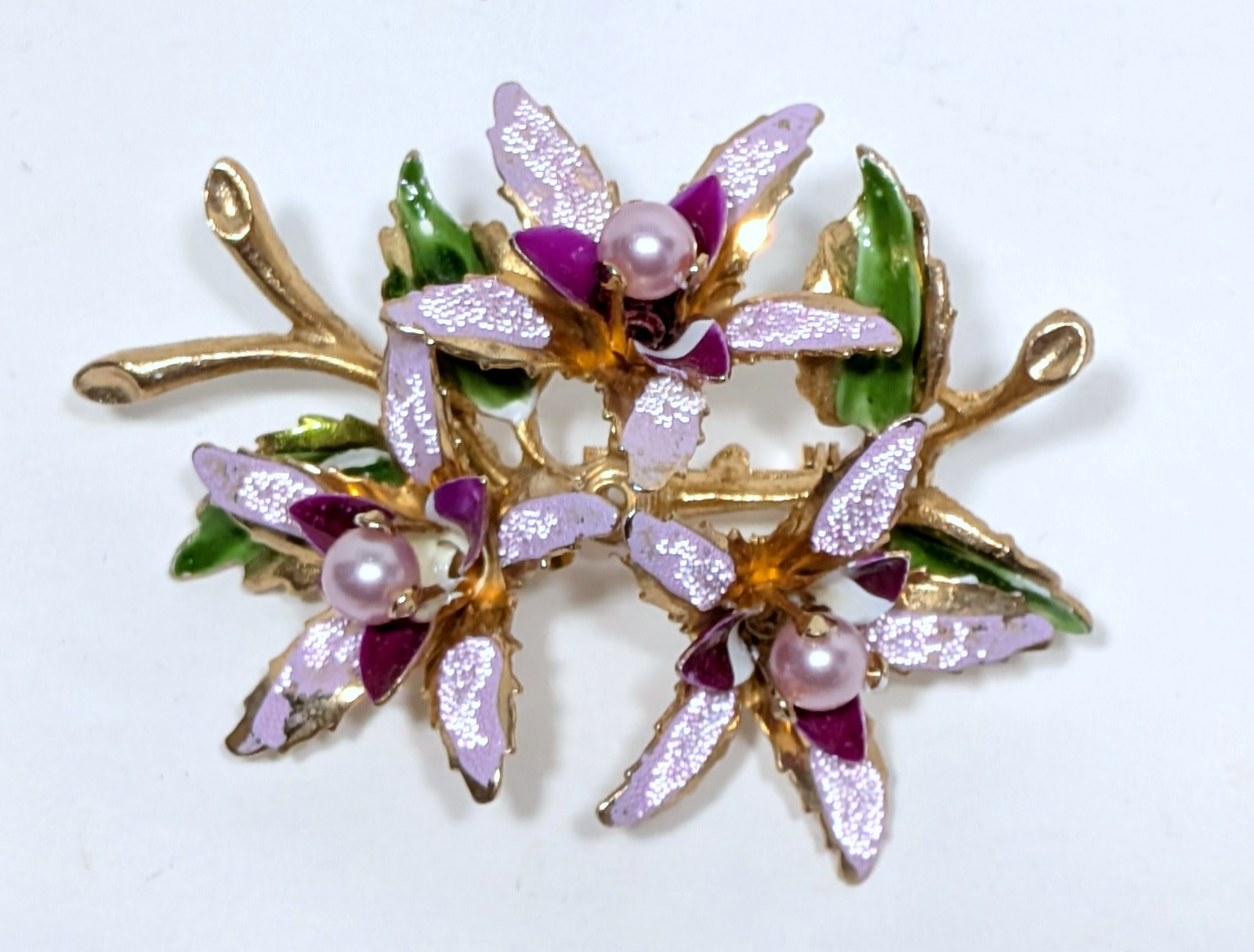 Fabulous Vintage Purple Enamel Flower & Pearl Brooch and Earrings Set