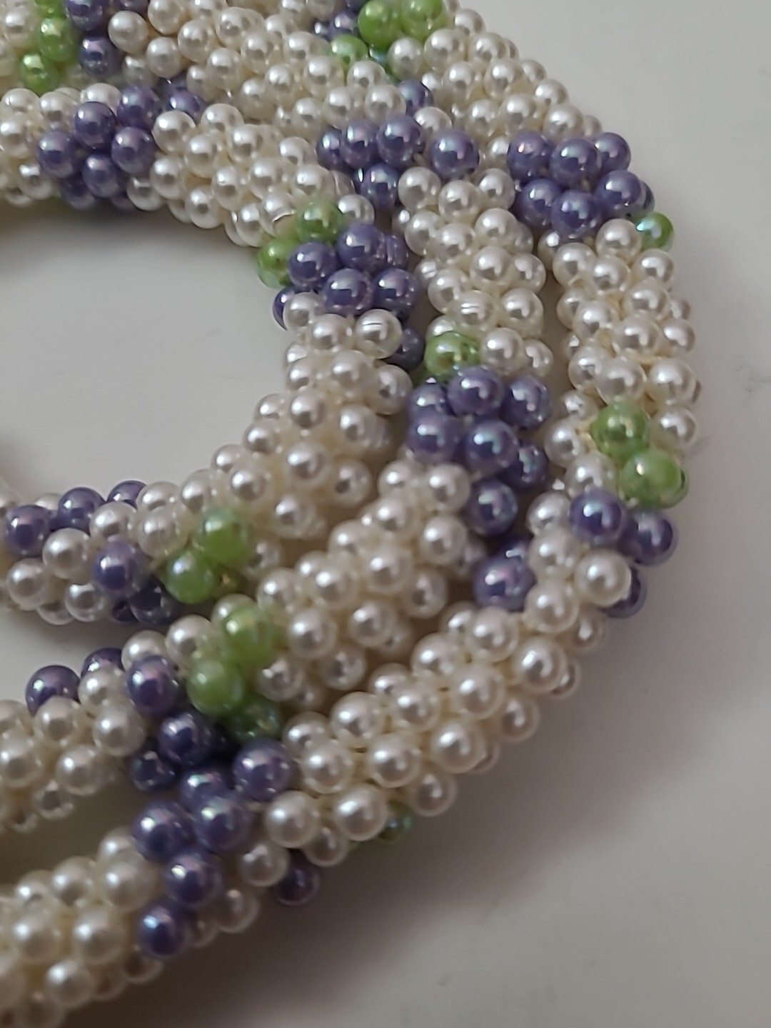 VTG Long White Purple Green Seed Beaded Rope Necklace Unsigned 1960’s 1970’s