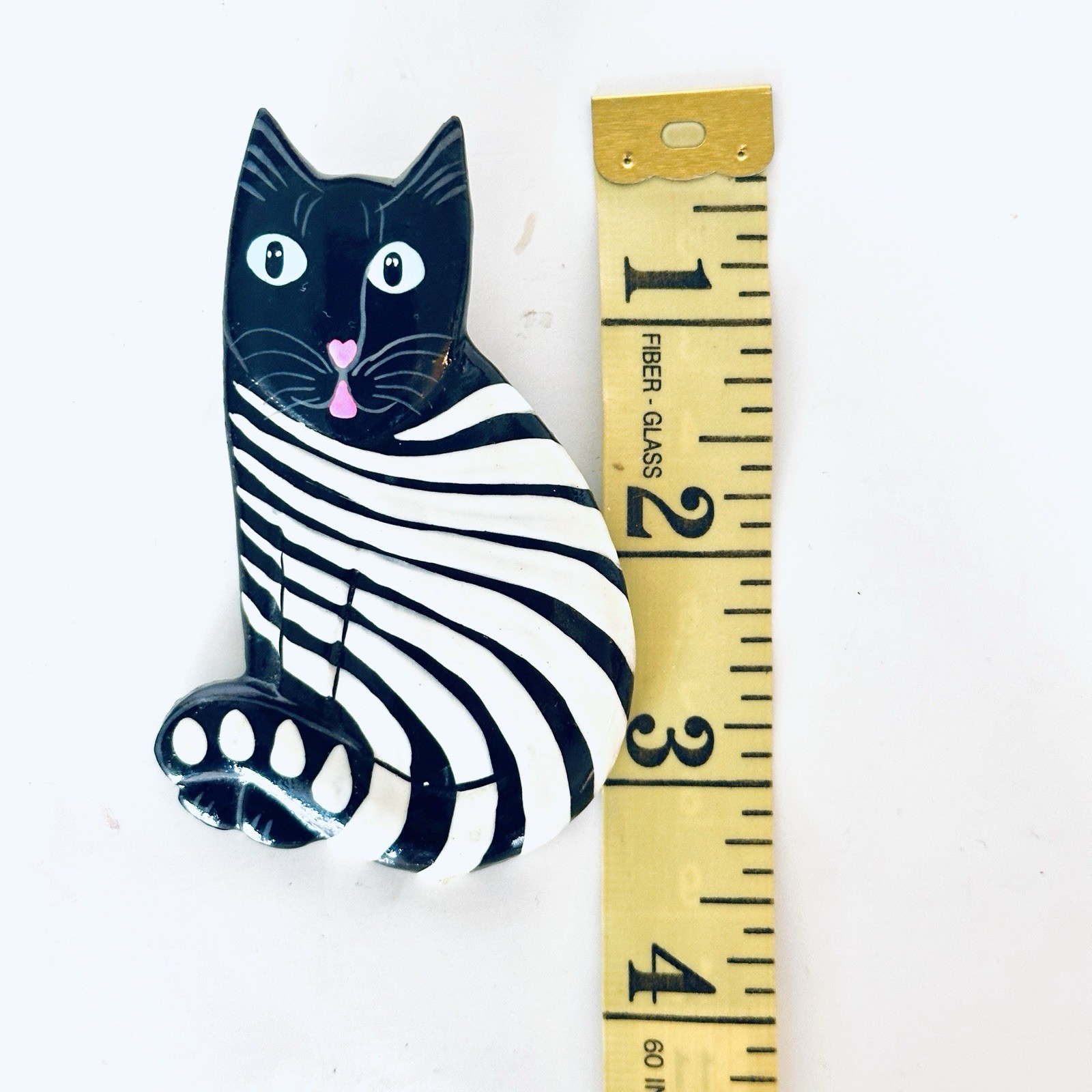 Vintage Kitty Cat Large Wood Brooch Pin Whimsical Folk Art Artisan Artsy Jewelry