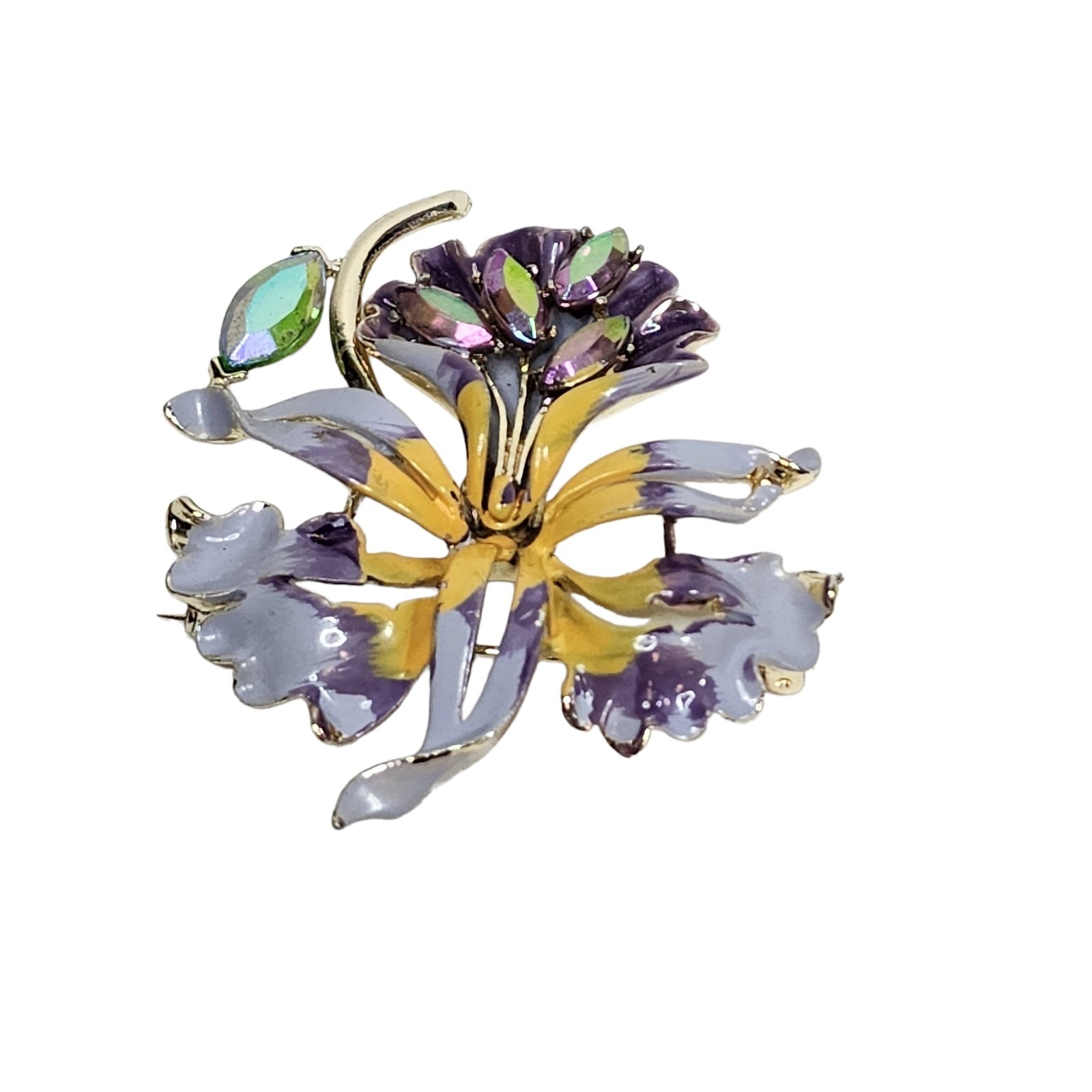 Vintage Signed B.S.K. Orchid Brooch Enamel Glass Crystal Purple Brooch Pin