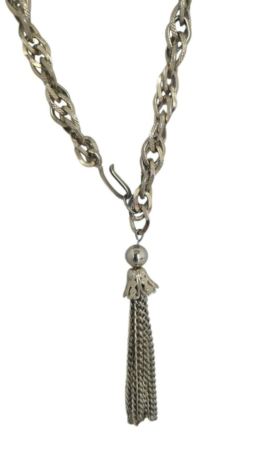 Vintage Gold Tone Textured Link 40″ Necklace w/ J Hook and Tassel