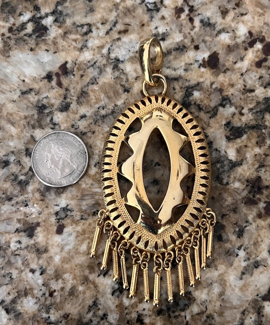 Vintage Large Gold Tone Tribal Brutalist Boho Fringe Open Oval Spike Pendant