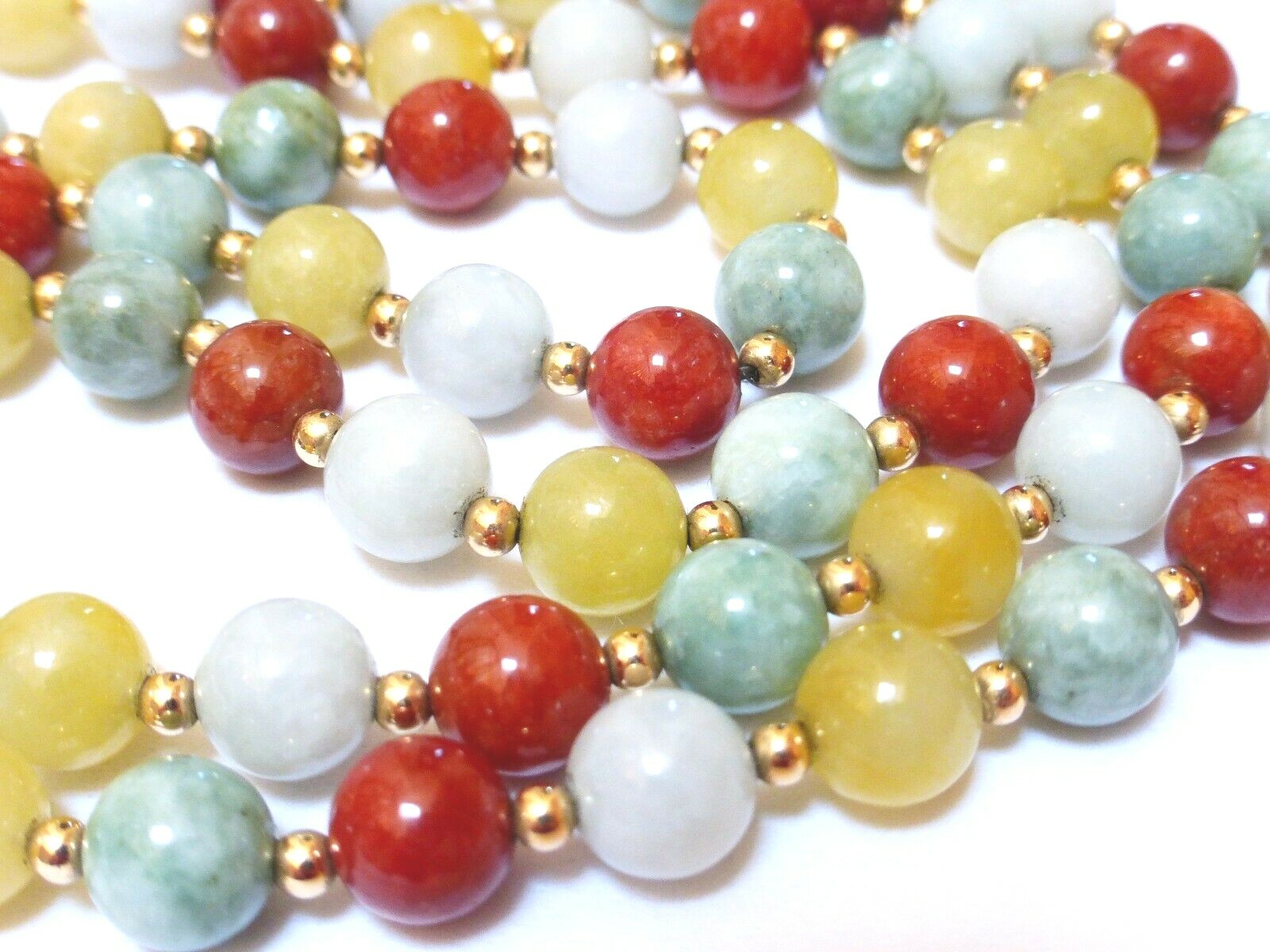 Vintage Chinese 14K Solid GOLD Multi-Color Jade 8mm Beads Necklace 28″, no clasp