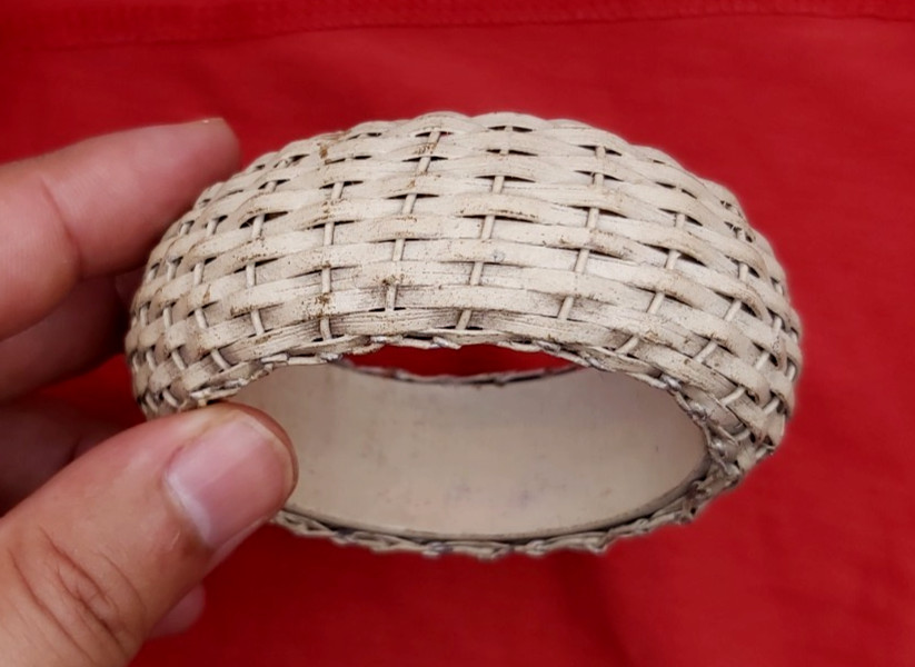 Vintage Ethnographic Woven Rattan Fiber Bangle Wire Bound Chunky Statement Brace