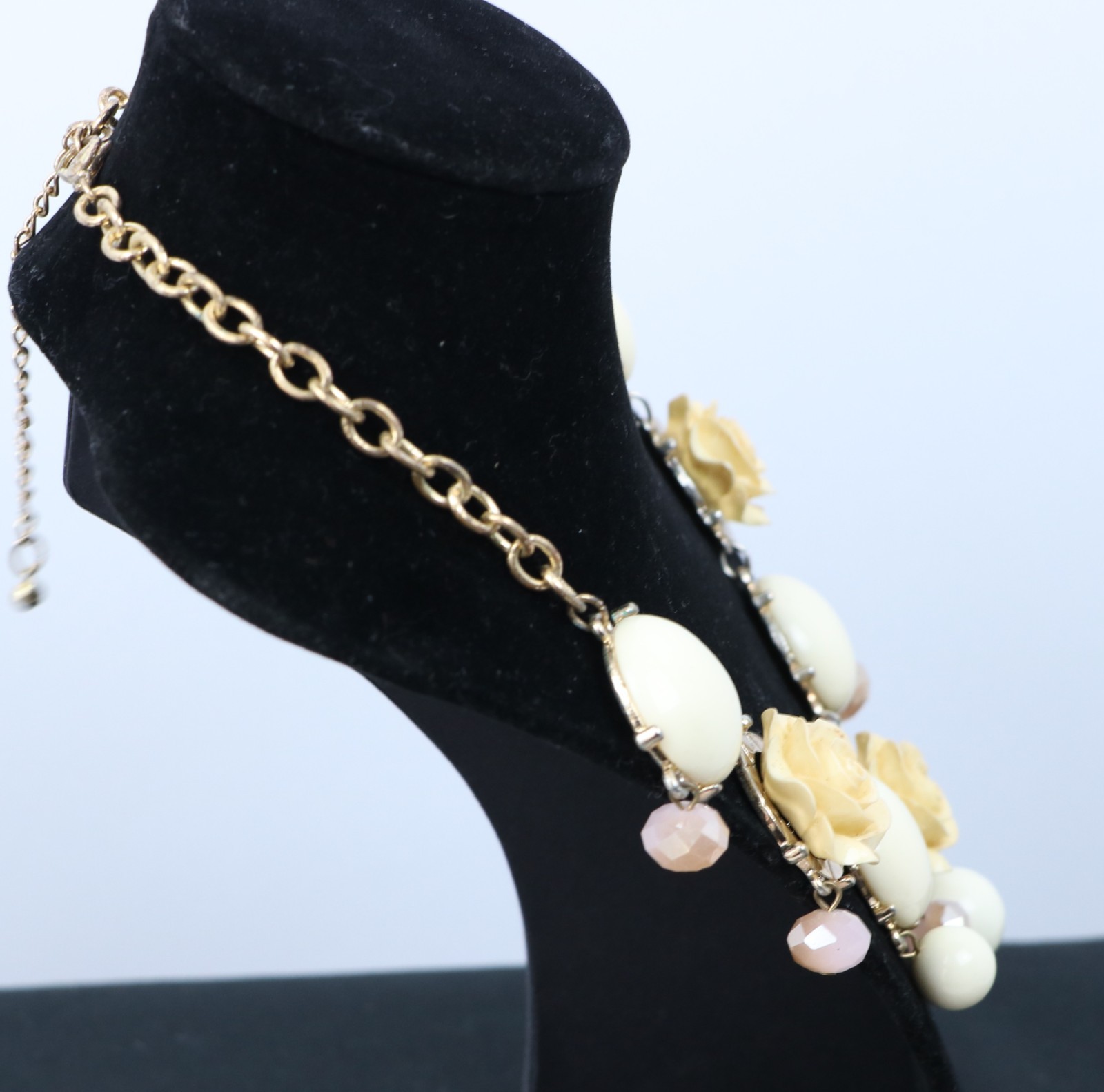 Rose Floral Statement Necklace Cream Bubble Bead Bib Boho Gold Tone