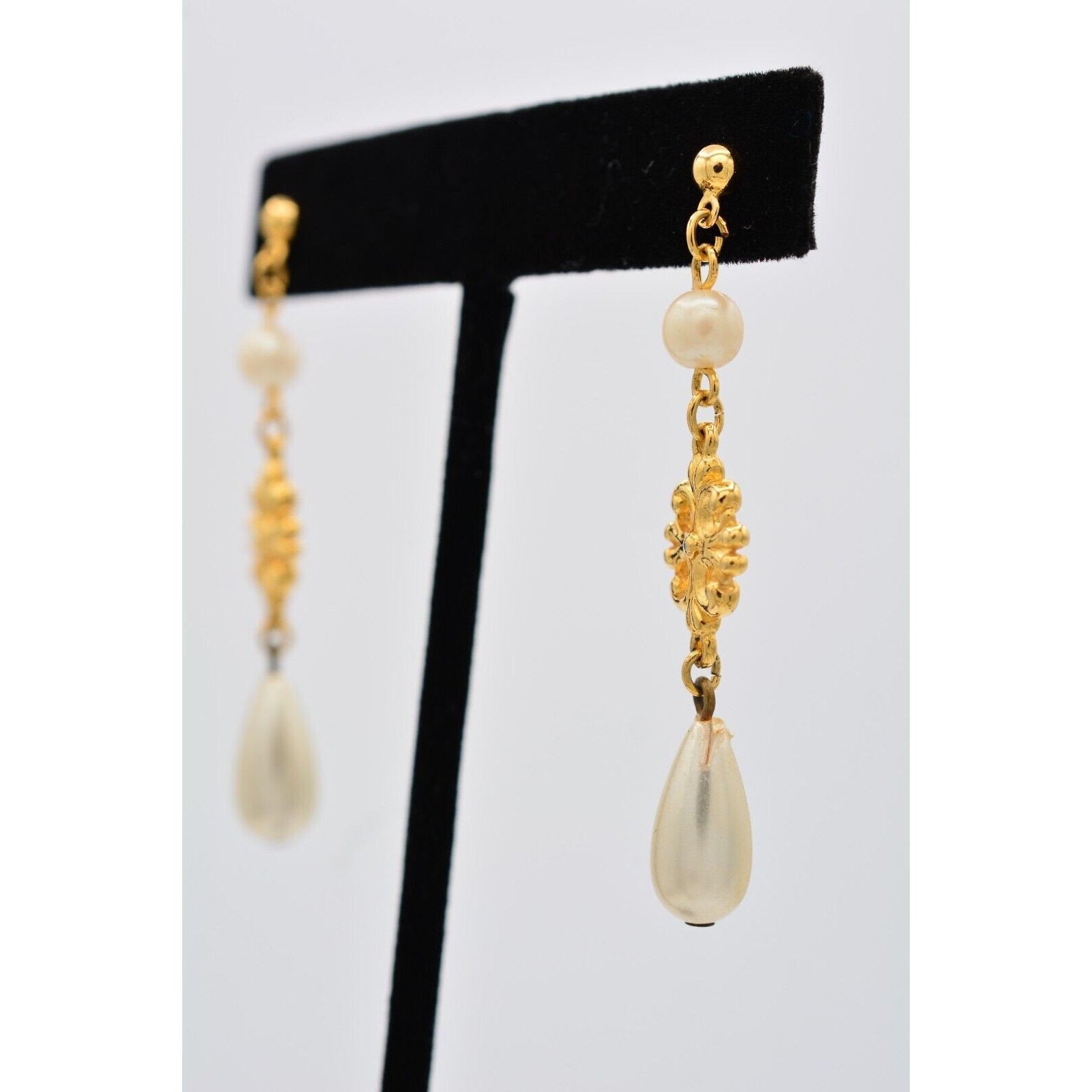 Vintage Dangle Drop Pearl Earrings Gold Tone Lightweight 2.25″ 1980s BinAV