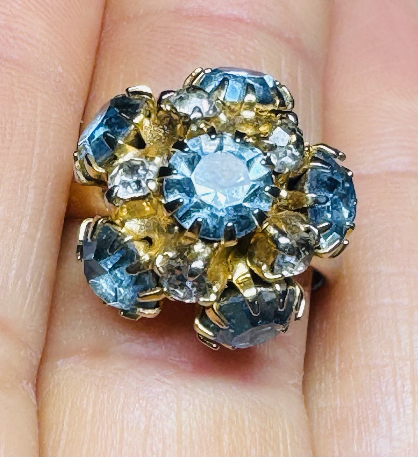 Vintage Light Blue Rhinestone Prong Set Sz 8 & Adjustable Cluster Ring