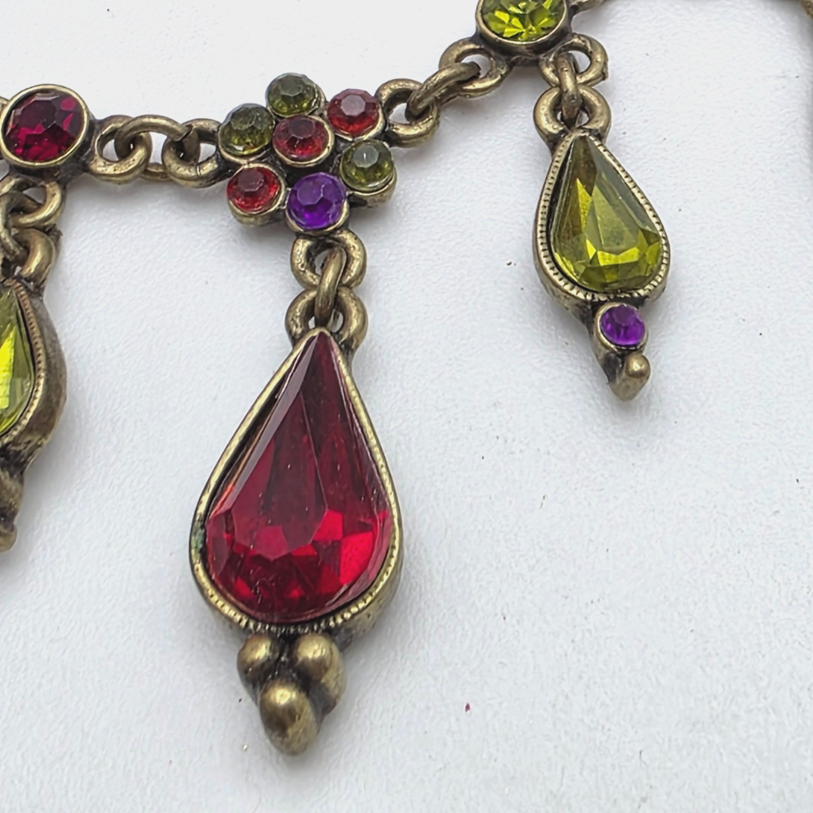 Vintage Brass Tone Multicolor Rhinestone Teardrop Fringe Necklace 19 in adj.