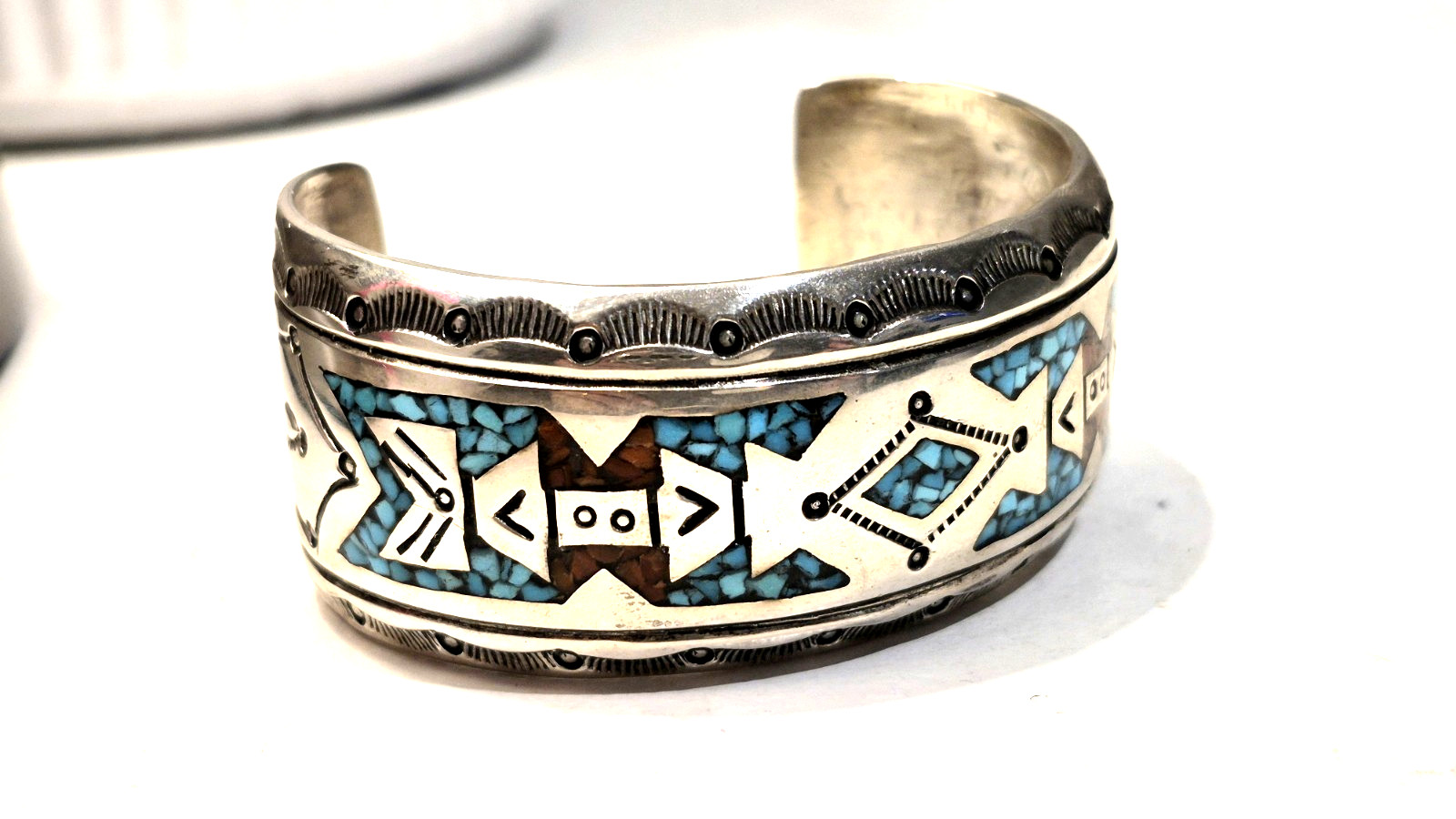 Frances Begay Navajo Sterling Silver Turquoise Inlay Cuff Bracelet 44g