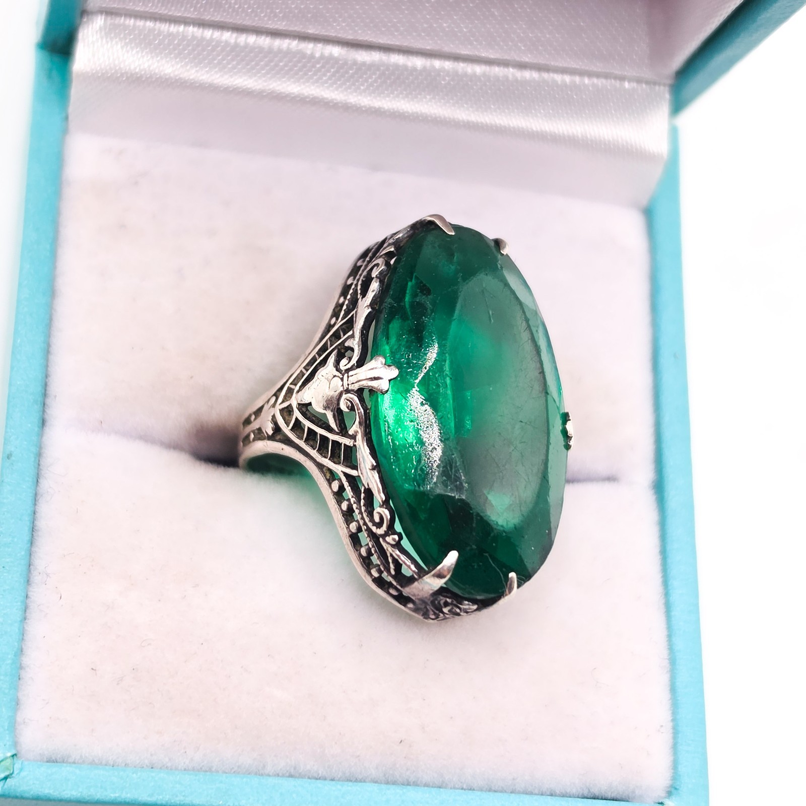 Vintage Art Deco Sterling Dark Green Glass 1930s 925 Silver Size 3.5