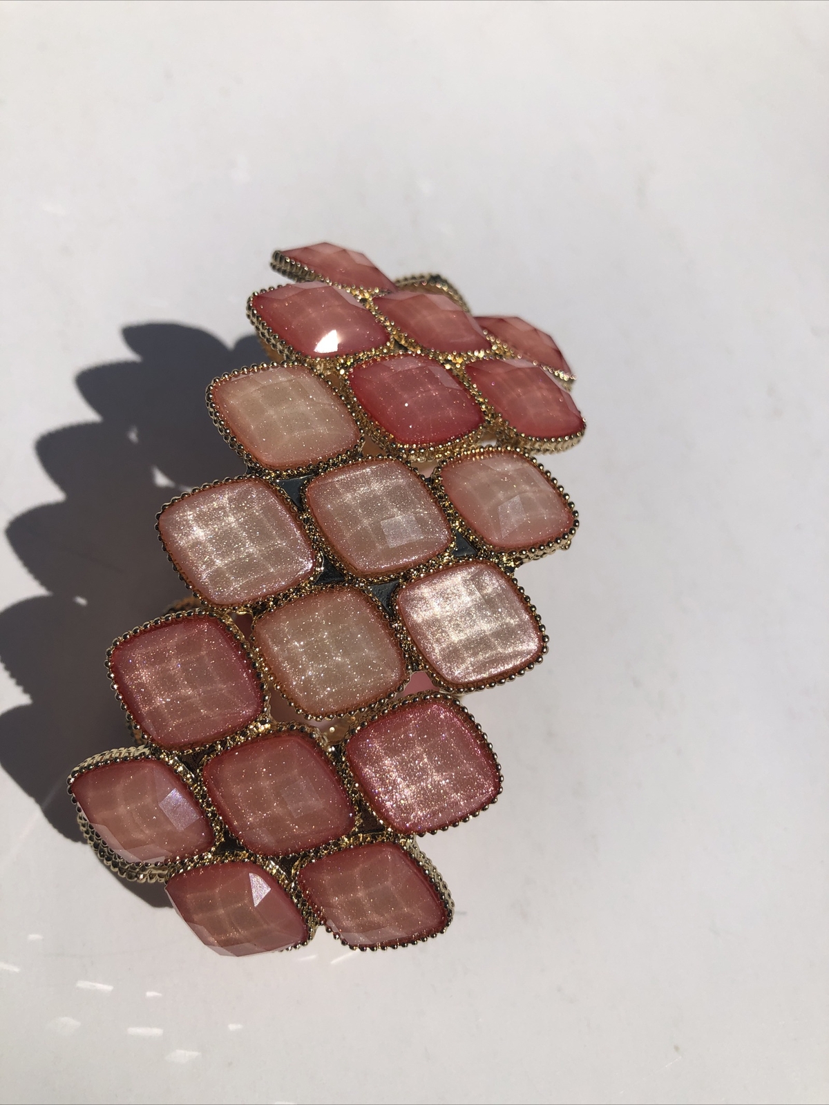 Pink Stone Stretch Cuff Bracelet Gold Tone Statement Piece Costume Jewelry