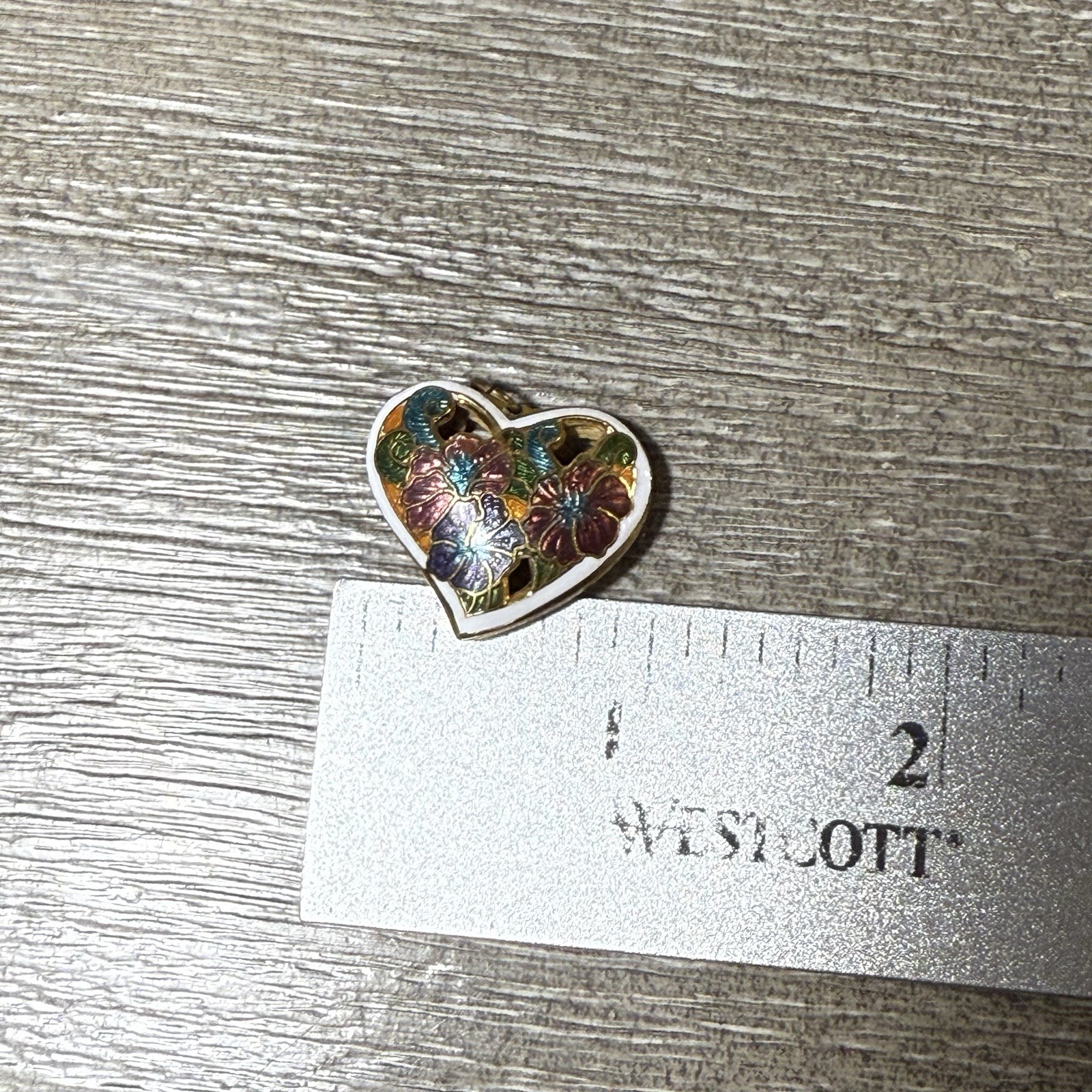 Vintage White Cloisonne Enamel Floral Puff Heart Pendant Double Sided
