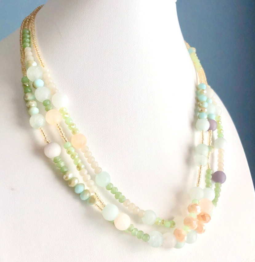 VTG 3 Strand Pastel SATIN GLASS BEAD NECKLACE 18″ Multi Color Faceted Adjust