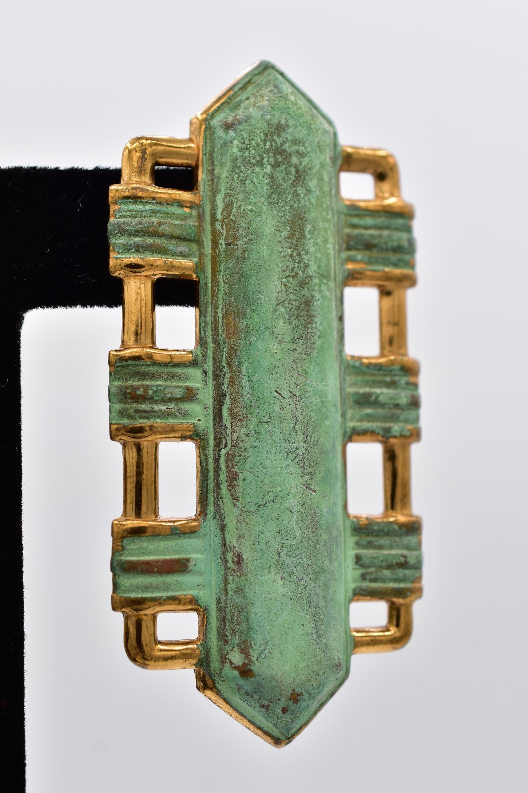 Vintage Brutalist Art Deco Verdigris Patina Gold Tone Drop Earrings 1970s BinAV