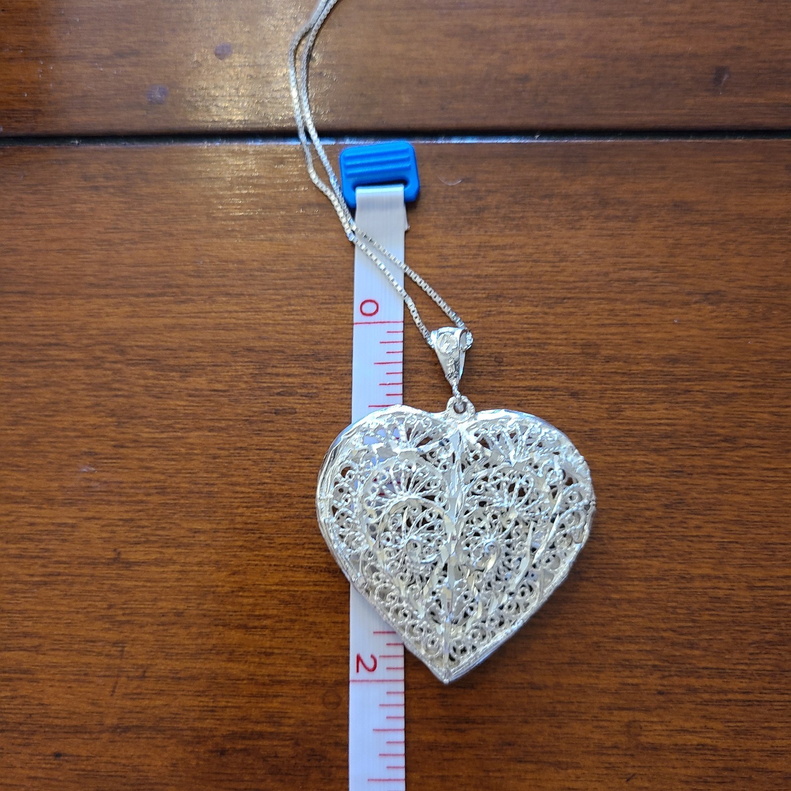 Vtg Sterling Silver Puff Large HEART NECKLACE 32″ Chain 14gm Filigree