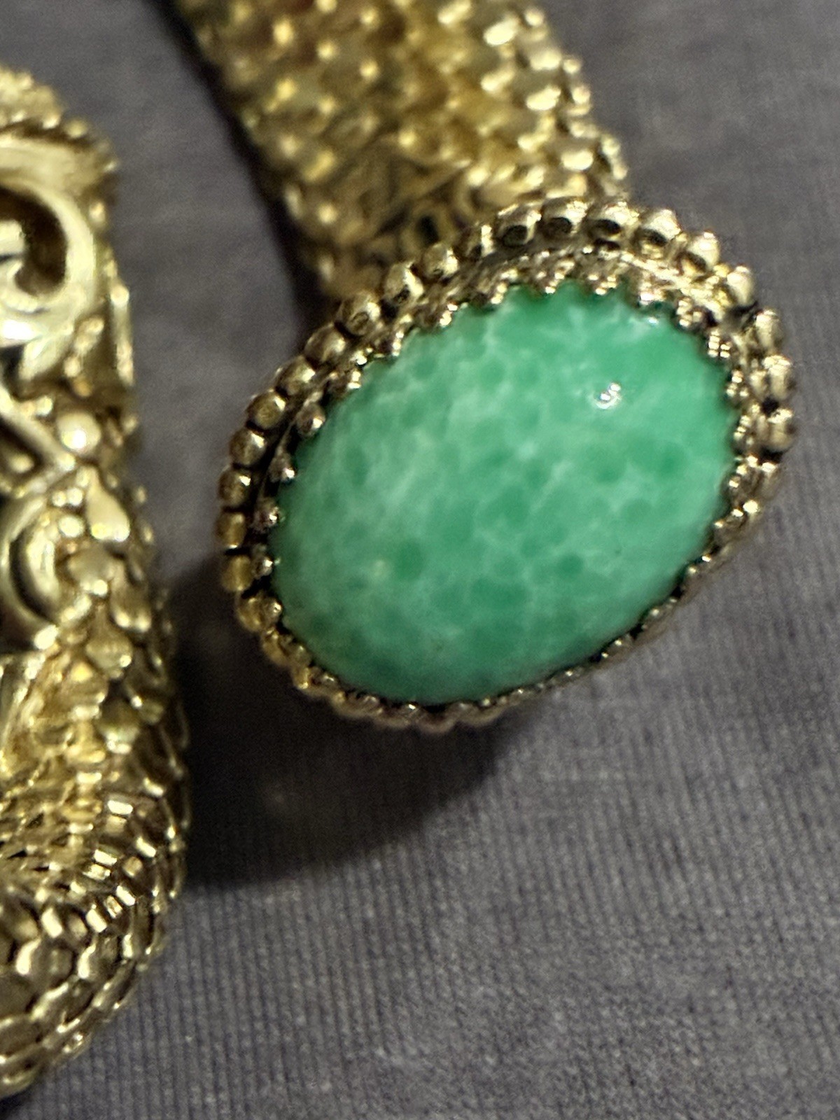 Vintage Whiting & Davis Mesh Snake Wrap Bracelet Green Peking Glass Cabachon