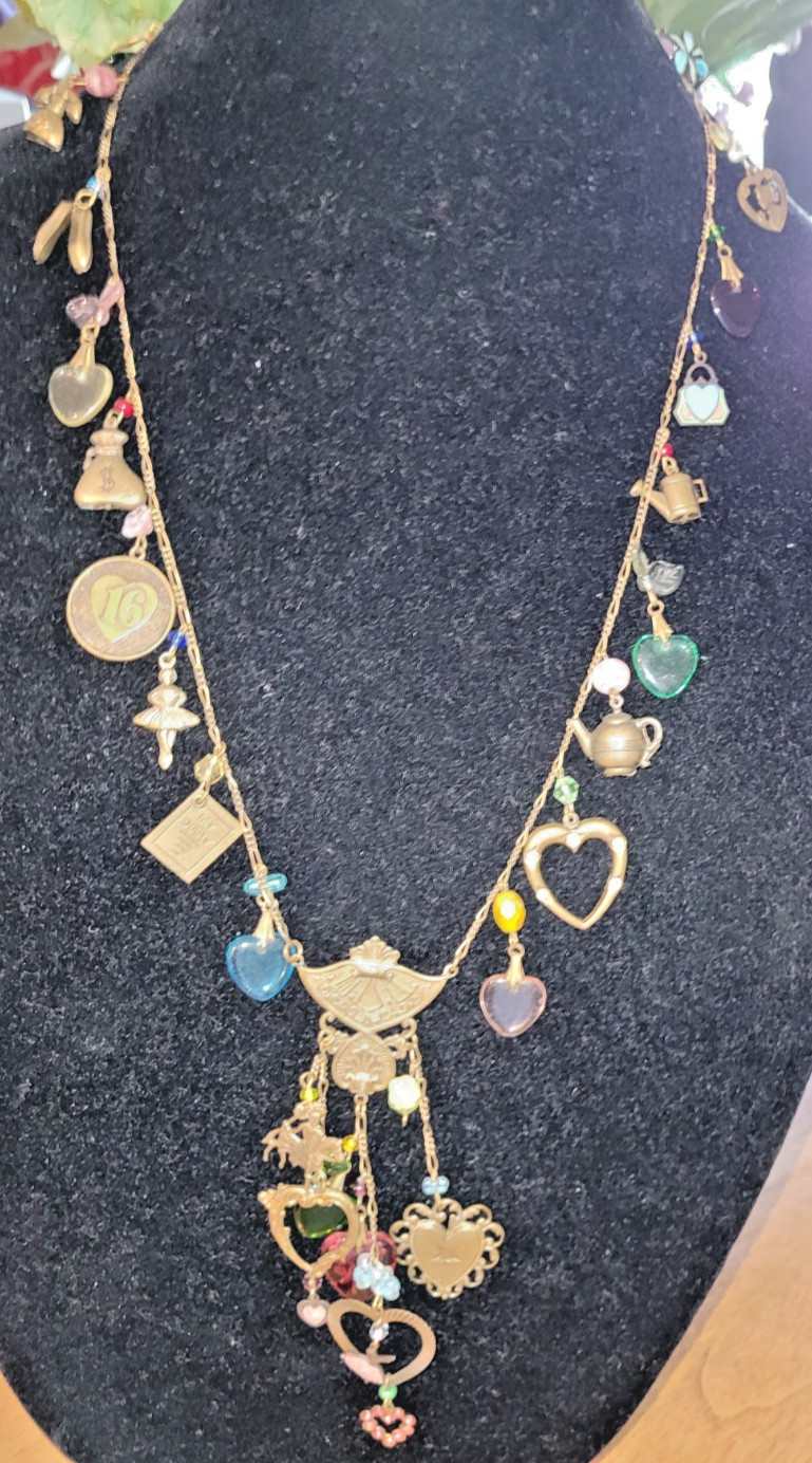 Vintage Glass Works Studio Glass Hearts Charm Chatelain Style Pendant Necklace