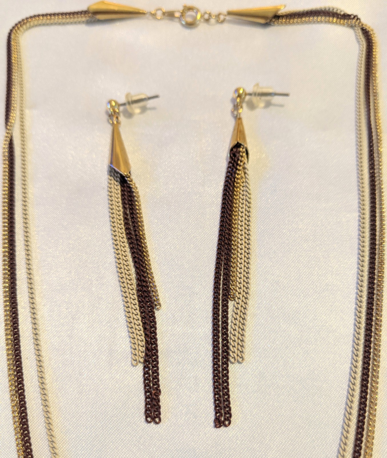 Vintage Tri-tone Chain Necklace & Dangle Earrings Set NOS Brown Ivory Gold Tone