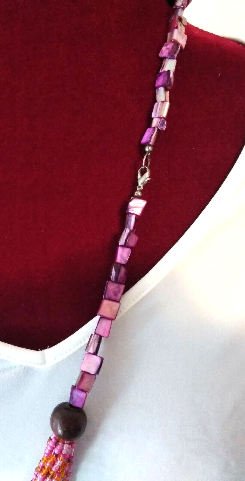 Vintage~Artisan~ 34″ Multi-Color, Reds, Pinks, Purples, Amber~Seed Bead Necklace