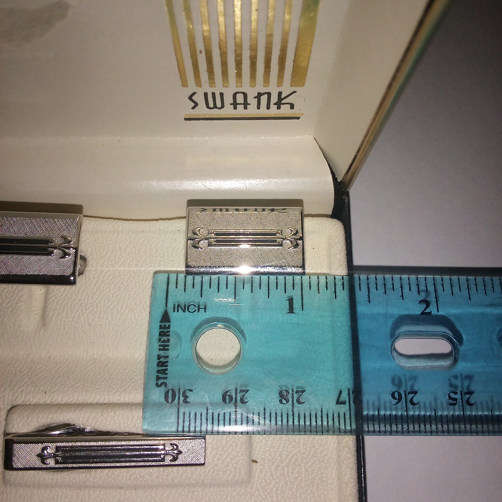 Vintage Swank Silver Tone Fleur De Lis Black Enamel Cuff Links & Tie Clip Set