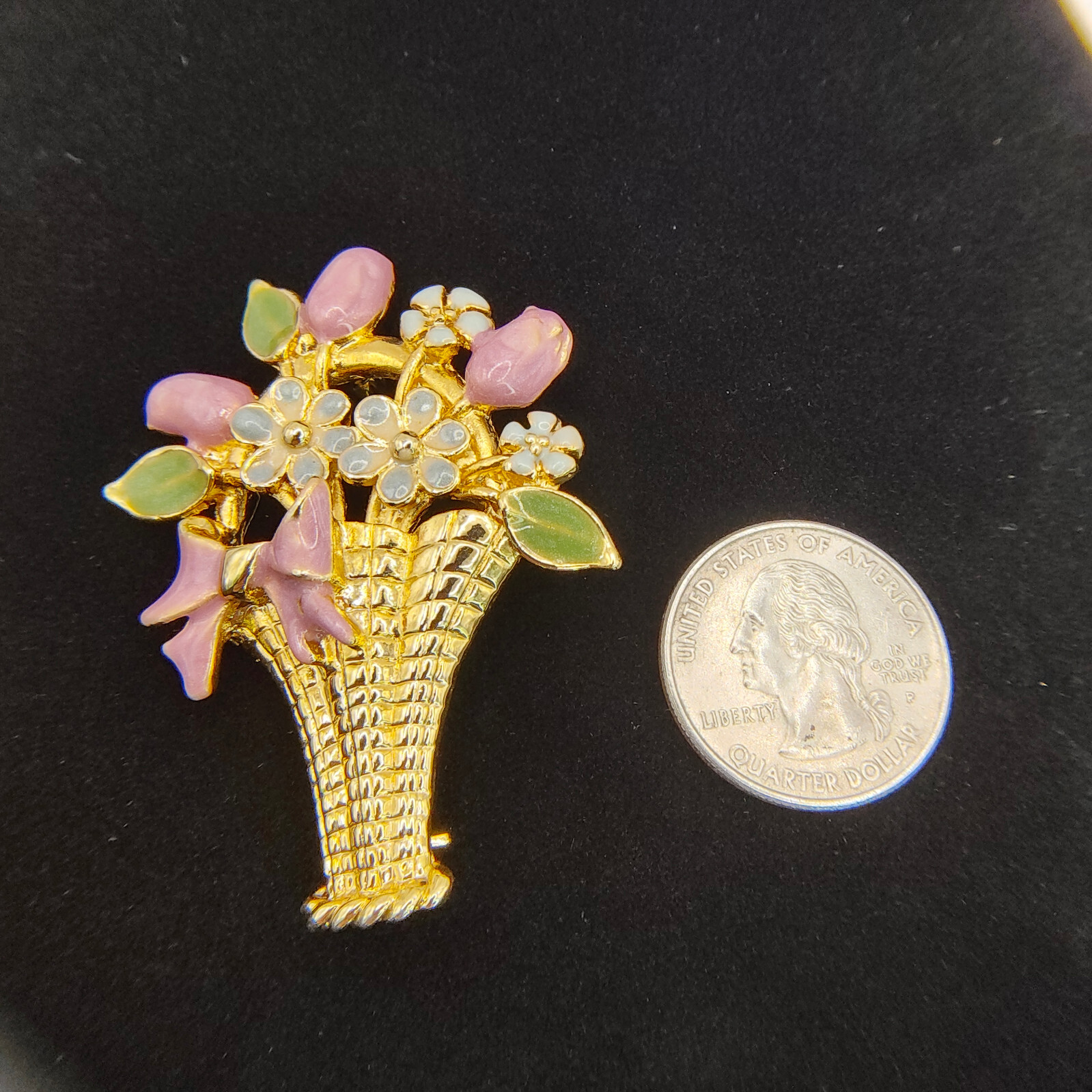 Vintage Flower Basket Brooch Pin Colorful Enamel Gold Tone Cottagecore