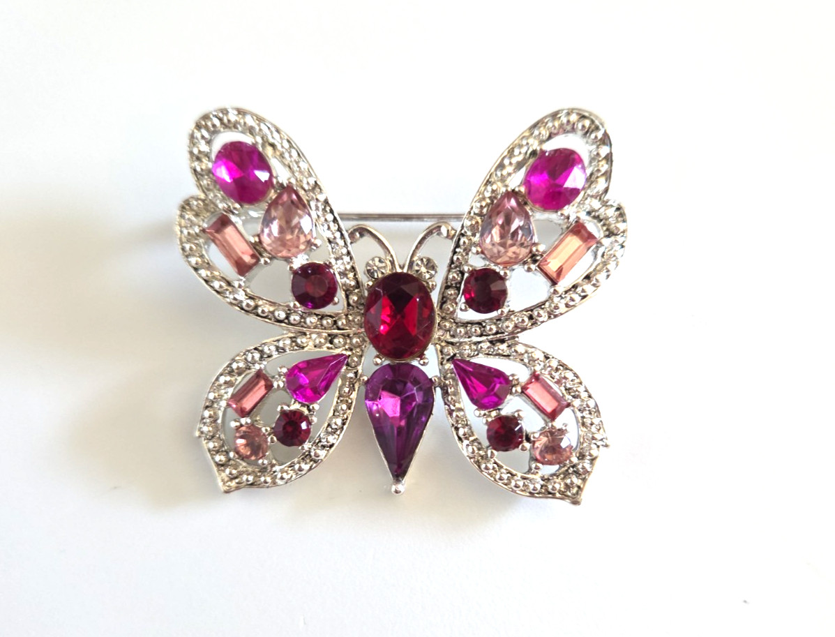 SilverTone Pink Purple Rhinestone GEM Sparkling Shimmering Butterfly Brooch Pin