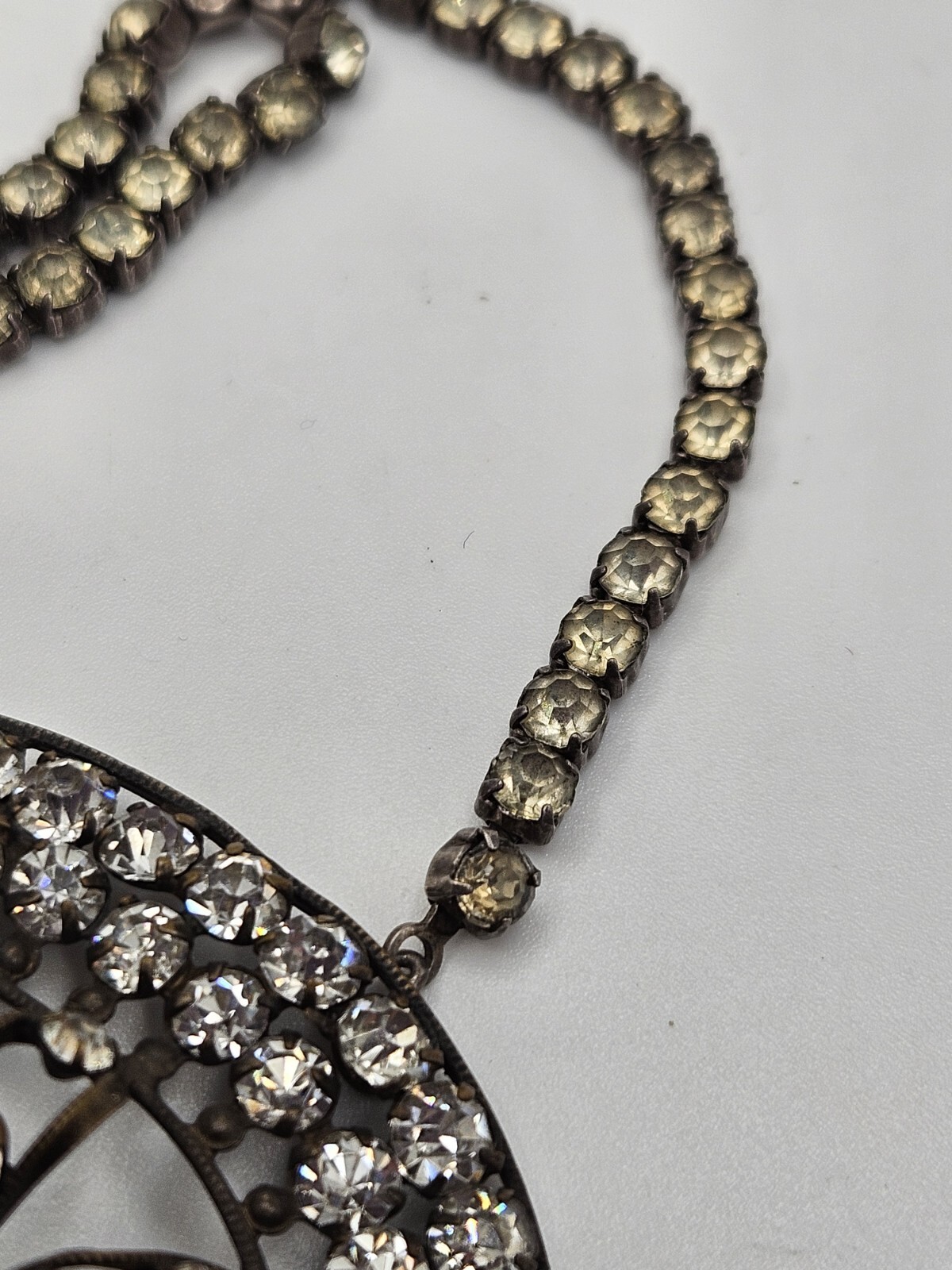 As Is Vintage Silver Tone Clear Rhinestones Ornate Pendant Collar Necklace