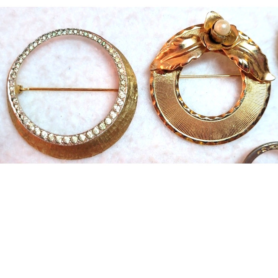 Vtg Circle Goldtone Brooch Lot Freirich Beau Jewels Round Pearls 50s 60s 70s 80s