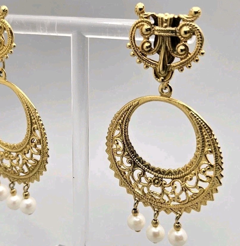 Vintage Gold Tone Earrings Filigree Hoop Faux Pearl Dangle Pierced Post Ornate
