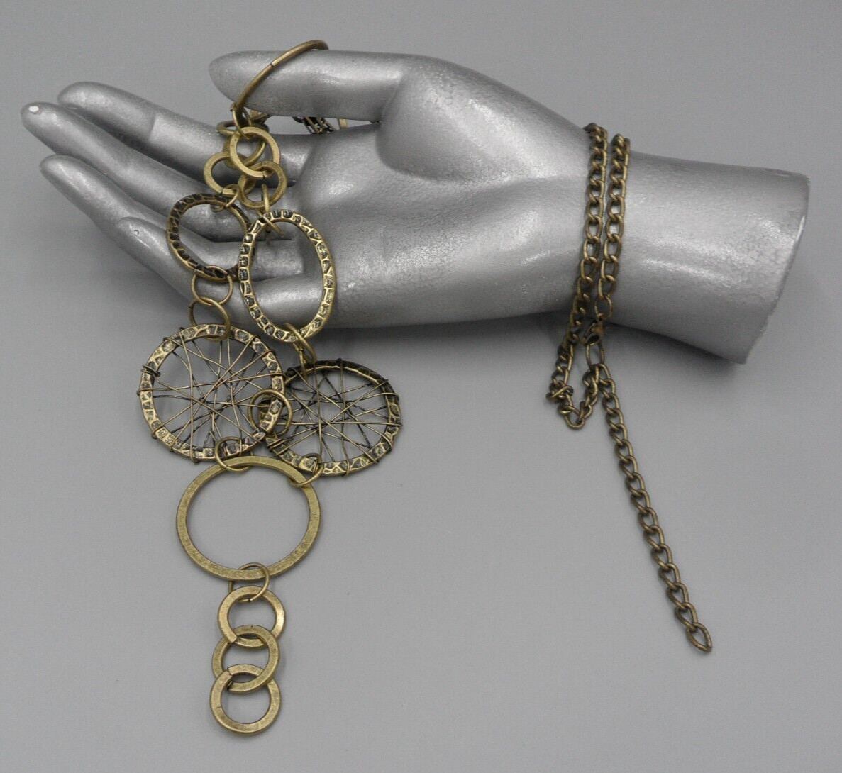 Long Bib Necklace Antique Brass Circle Oval Links Dreamcatcher Wire Wrapped