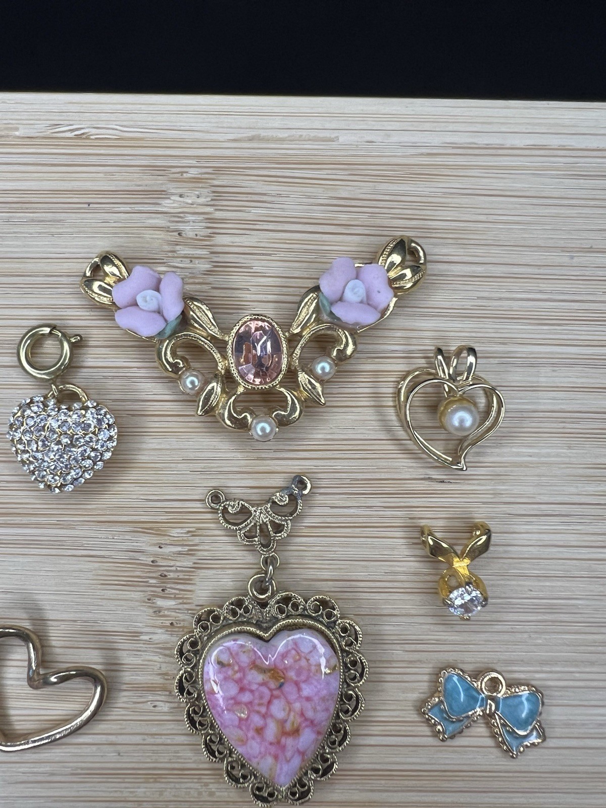 7 Pc Gold Tone Pendant Charm Lot Pink Hearts & Flowers Clear Rhinestones Dainty