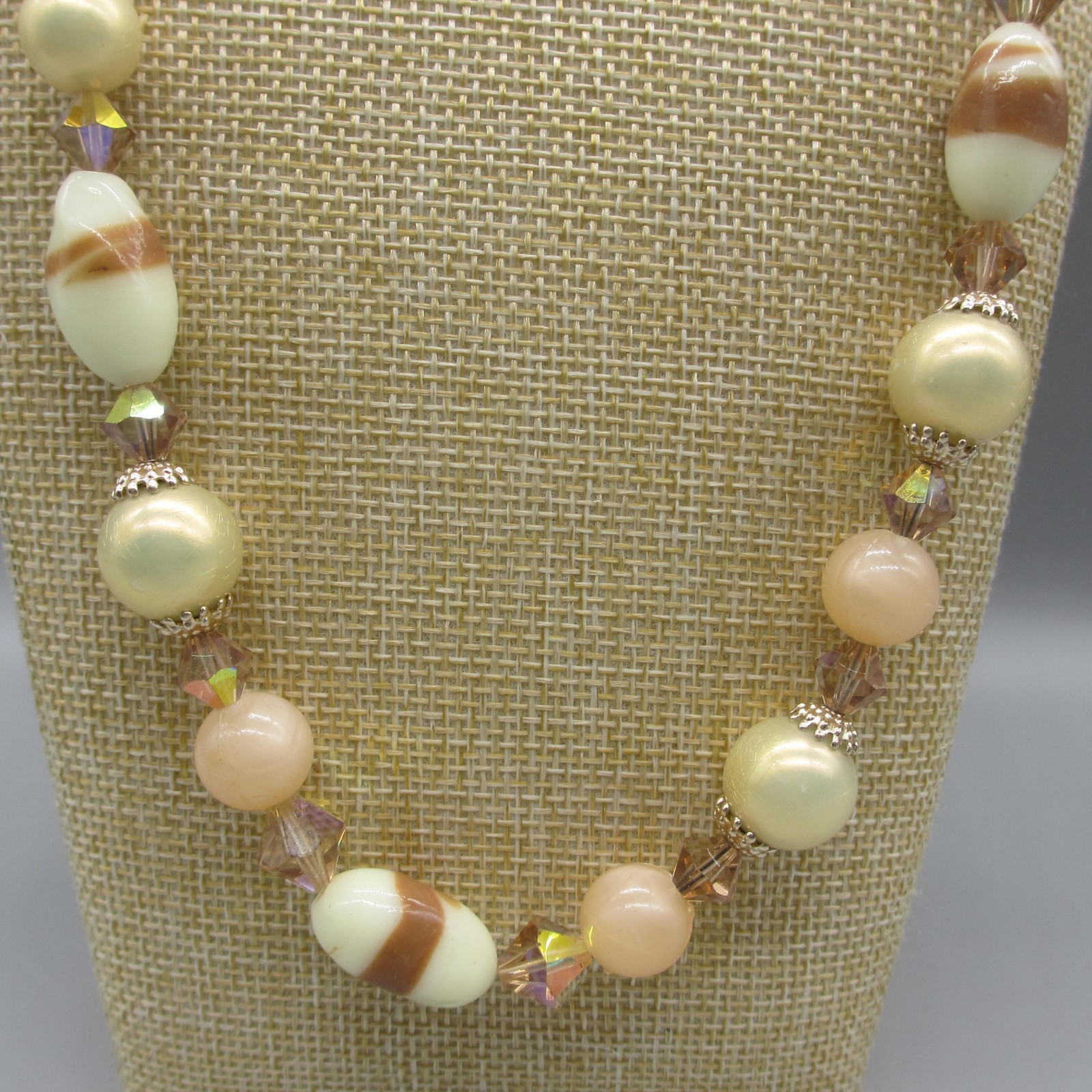 Vintage Glass Beaded Necklace Cream Peach White Brown 24 Inch