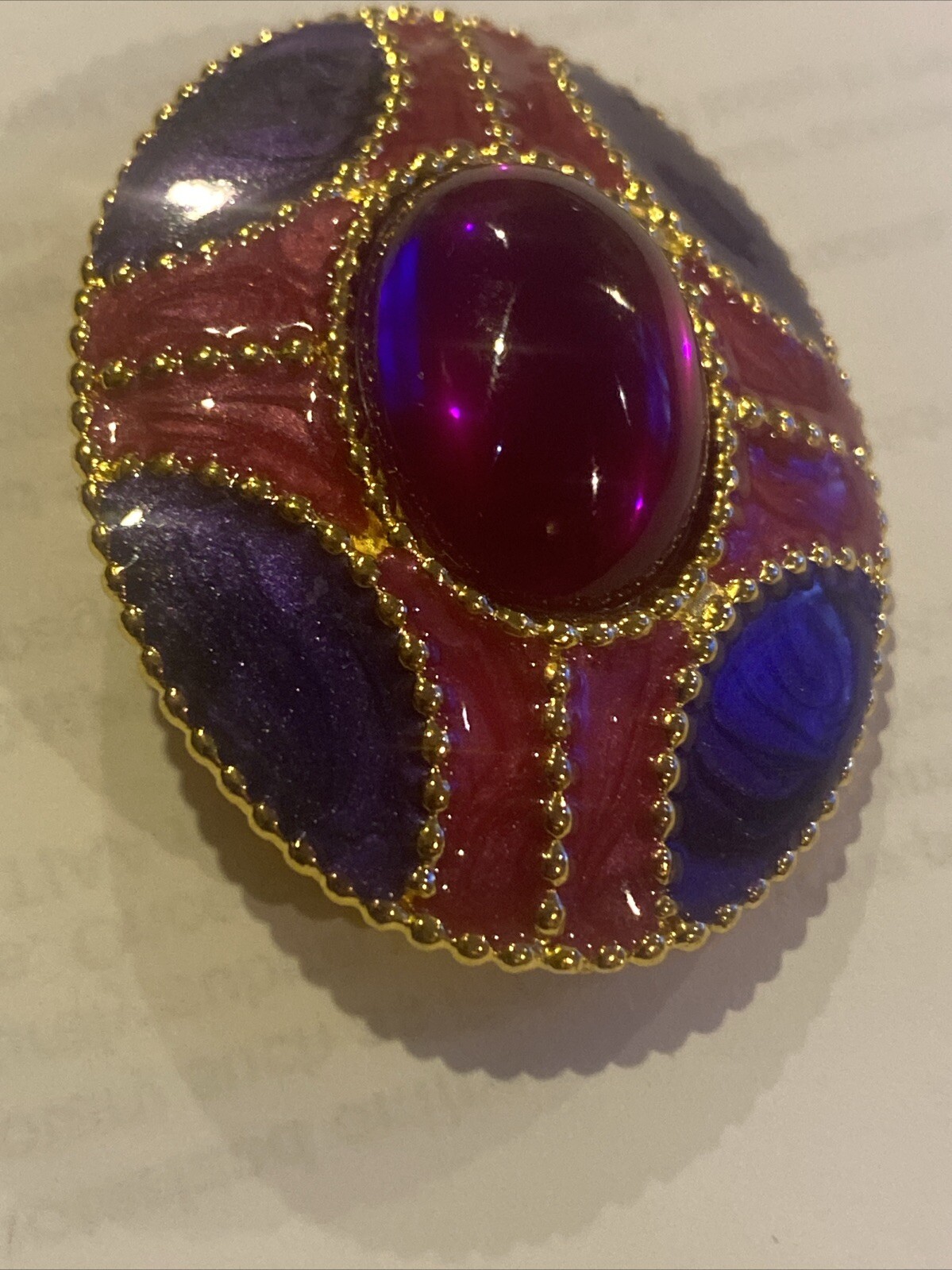 Vintage Gripoix Pink Cabochon W/ Purple Pink Enamel Oval Golden Brooch 2”