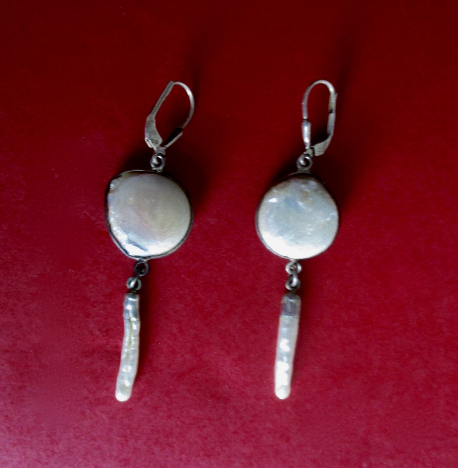 Pair of Vintage 2 1/2-Inch Coin Pearl Earrings With Drop/Boho/Shabby Chic/Hippie