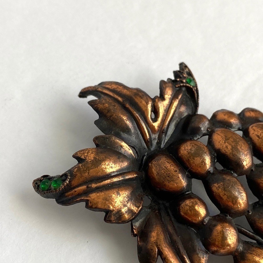 Vintage Grape Cluster Copper Brooch Green Stones