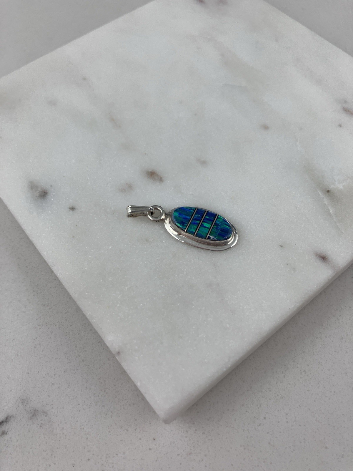 Vintage 925 Sterling Silver Blue Opal Minimal Charm Pendant