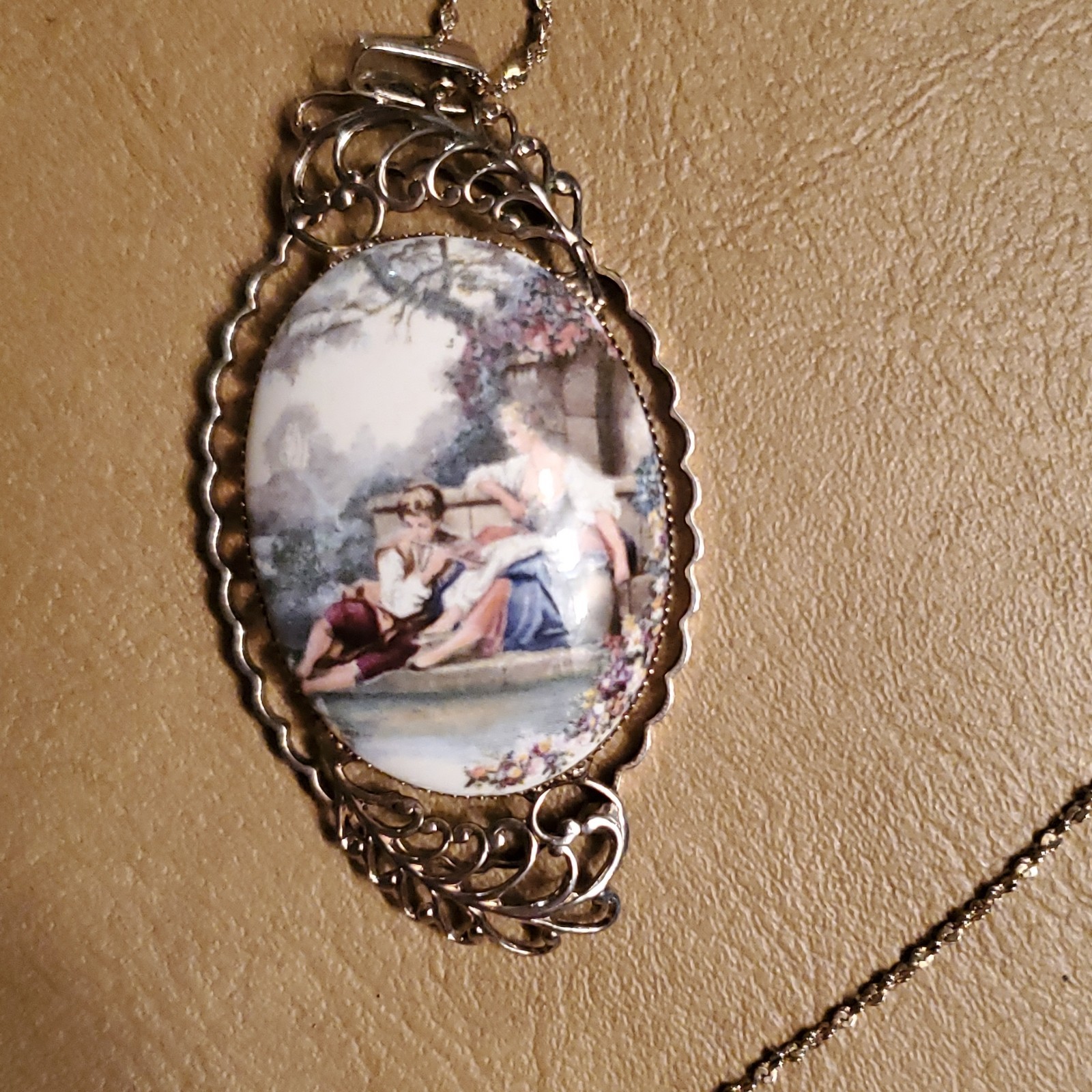 Vintage Gold Tone and Porcelain necklace 2 1/2 inch Courtship Scene A Rare Find