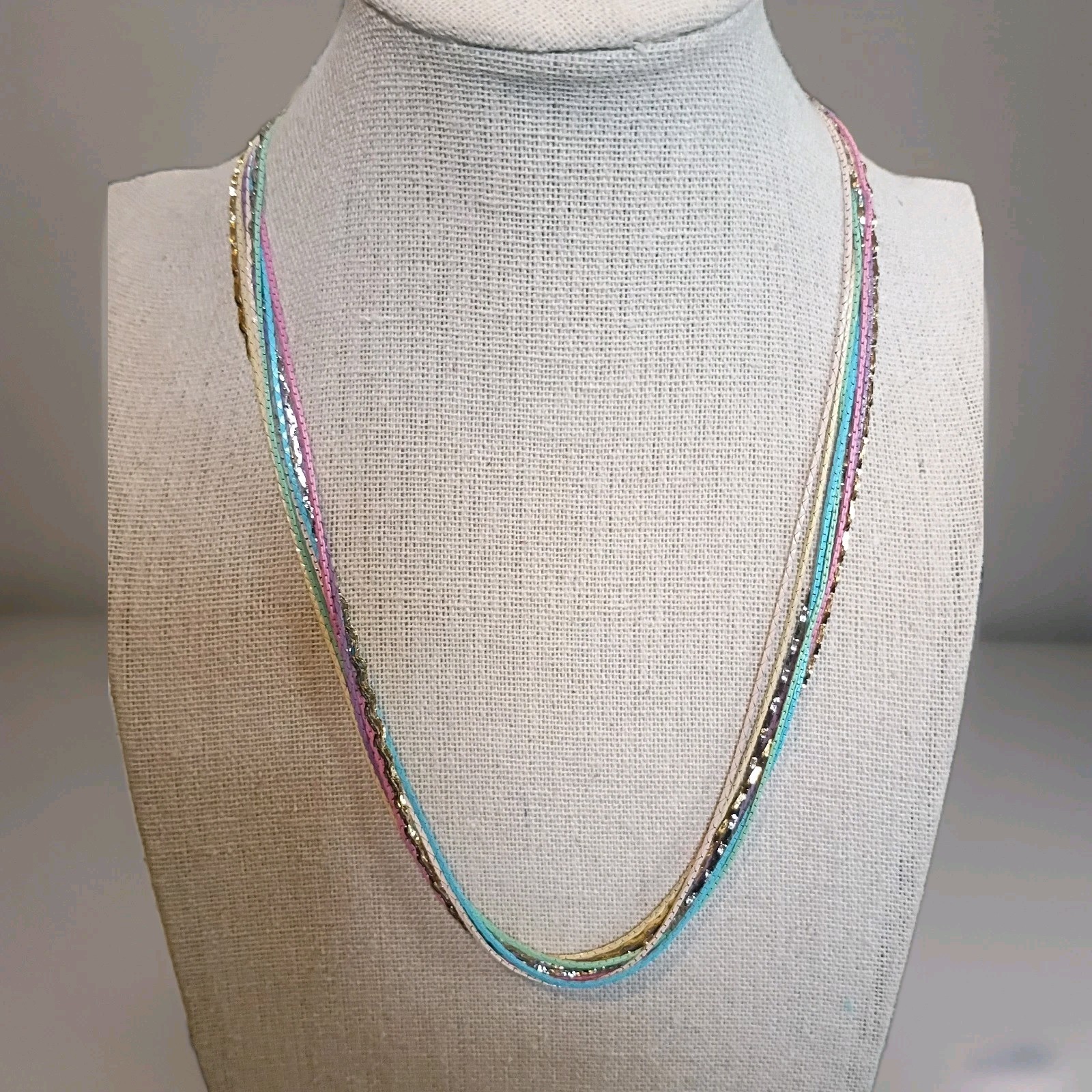 Vintage Enameled Multi Color 8 Strand 18″ Necklace Pastel And Gold Tone